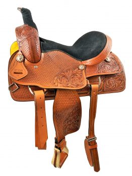 16" Medium Oil Roping Style saddle with rough out fenders &amp; Jockeys with floral&#47;basket weave combo tooling